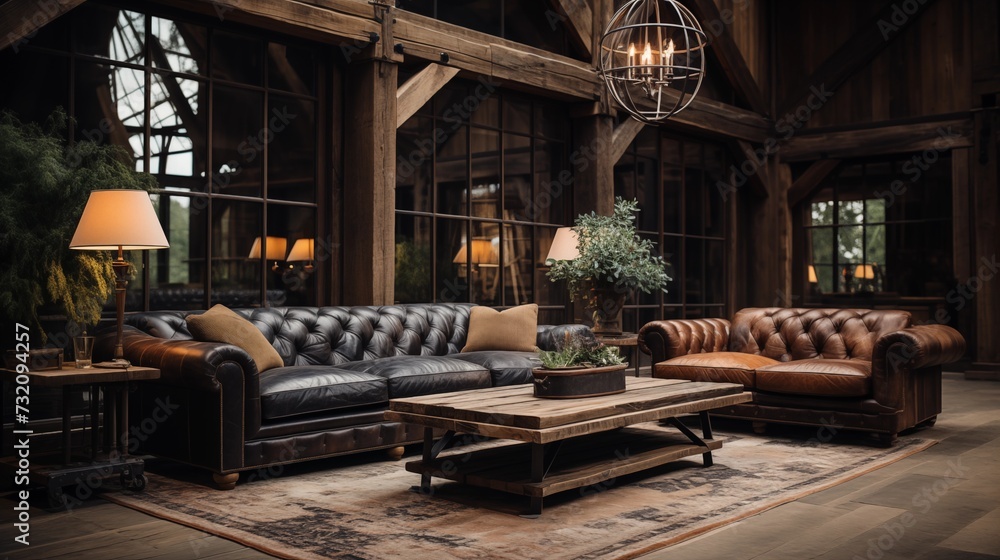 A rustic barn with a wood beam, a metal chandelier, a leather sofa, and a cowhide ottoman
