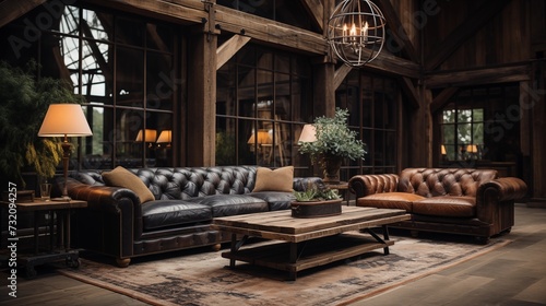 A rustic barn with a wood beam, a metal chandelier, a leather sofa, and a cowhide ottoman © Aeman