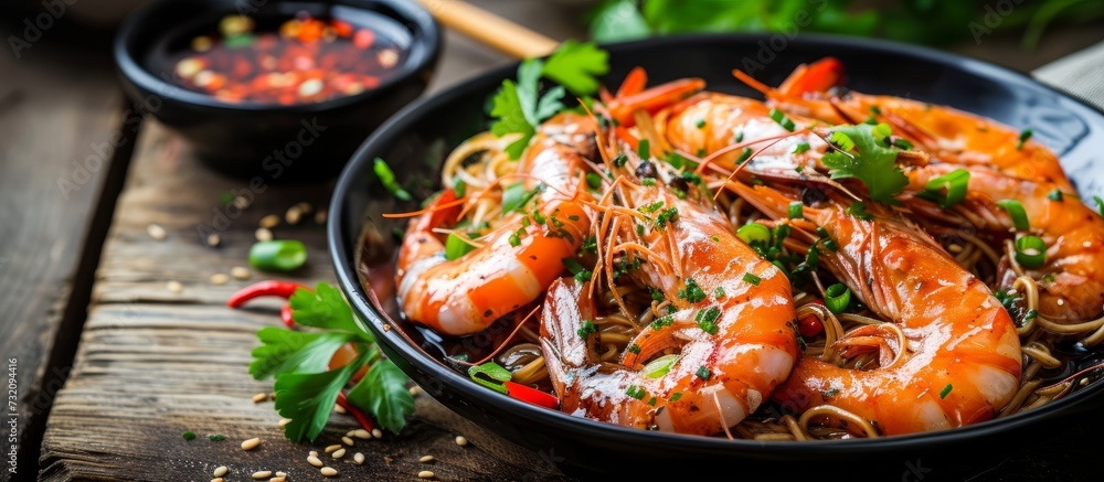 A delicious recipe of seafood cuisine, featuring a bowl of shrimp and noodles presented on a wooden table with great garnish and tableware. A delicious recipe of seafood cuisine, featuring a bowl of shrimp and noodles presented on a wooden table with great garnish and tableware.