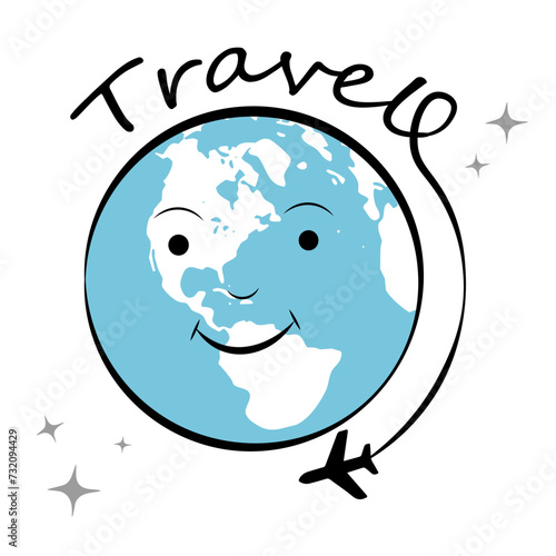 Planet and airplane on white background. Journey
