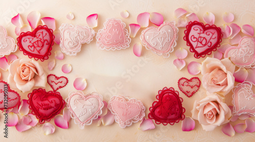 A romantic valentine's day-themed indoor setting featuring a stunning heart-shaped jewelry piece adorned with delicate rose petals, crafted with intricate pink beads and elegant lilac accents, evokin