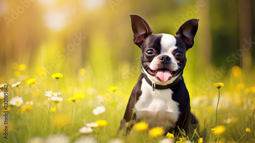 Boston Terrier Chihuahua mix, springtime background