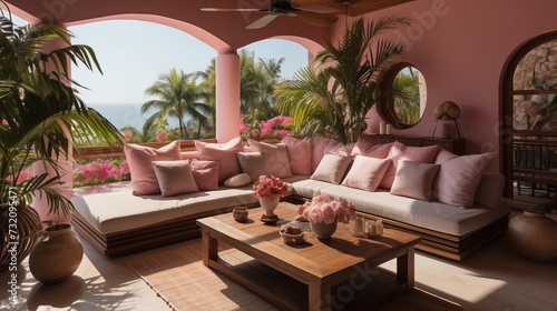 A tropical living room with a beige sofa, a wood bed, a pink cushion, and a ceiling fan with a cool breeze