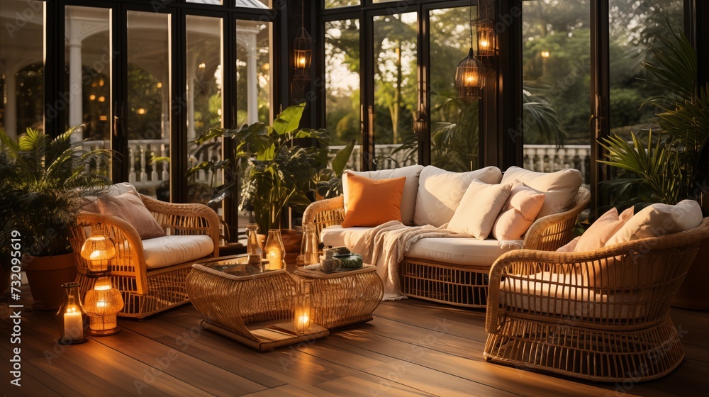 A tropical patio with a wicker lounge set, a palm leaf print cushion, a rattan coffee table, and a string of fairy lights