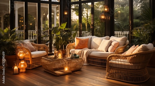 A tropical patio with a wicker lounge set, a palm leaf print cushion, a rattan coffee table, and a string of fairy lights © Aeman