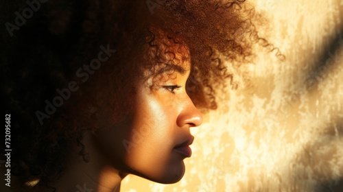A womans profile with light shining through her curly hair casting a bold and dramatic shadow on the wall behind her. © Justlight