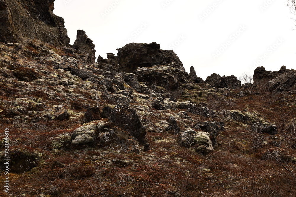 Dimmuborgir is a large area of unusually shaped lava fields east of Mývatn in Iceland Dimmuborgir is a large area of unusually shaped lava fields east of Mývatn in Iceland