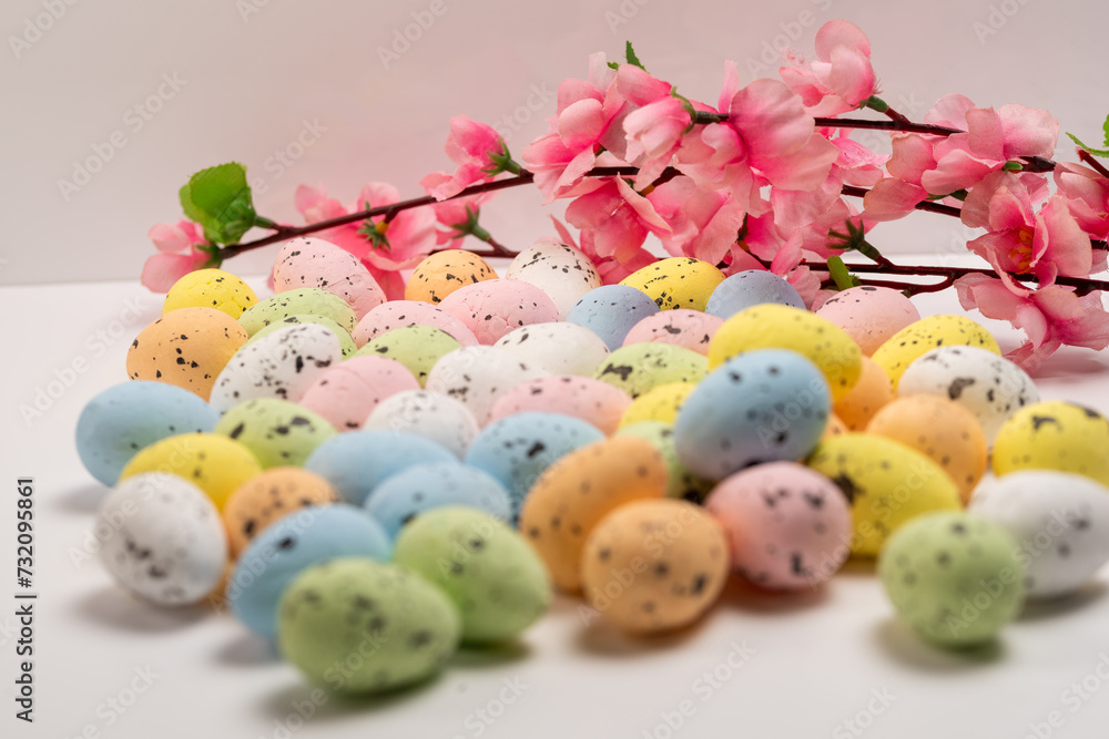 Easter decoration, Easter eggs arranged in a nest on a wooden background