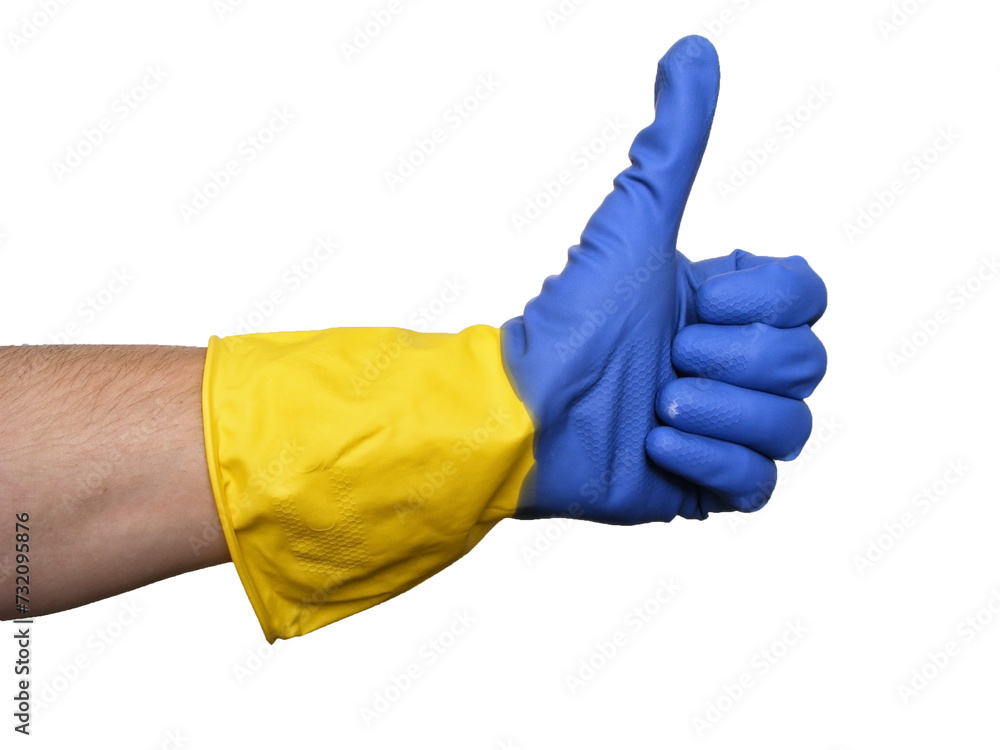Thumbs up in rubber glove isolated on white background
