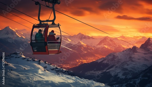 Happy skiers and snowboarders on ski lift at sunset on snowy mountain, winter resort concept