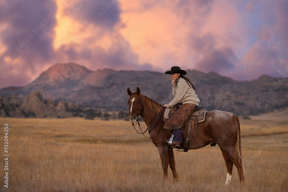 Fototapeta premium Cowgirl on roan quarter horse with mountains and storm clouds