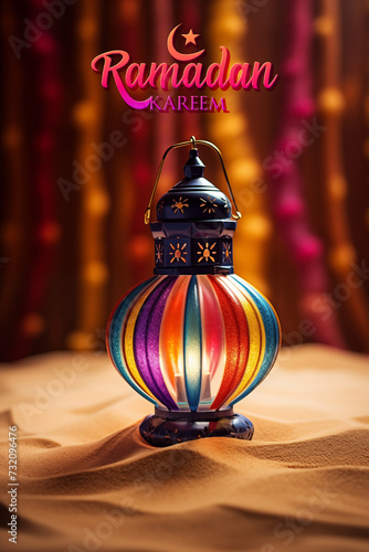 Ramadan card with a colorful Arabic lamp and the inscription Ramadan Kareem, generative AI