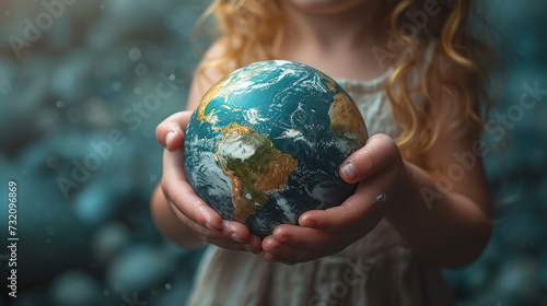 Little girl holding planet Earth in her hands