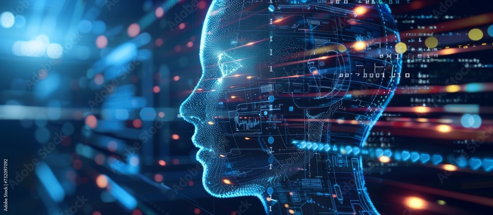 The computer generated image showcases a robot's head in an electric blue hue, enveloped by luminous lights. It evokes a futuristic blend of science, art, and technology. The computer generated image showcases a robot's head in an electric blue hue, enveloped by luminous lights. It evokes a futuristic blend of science, art, and technology.