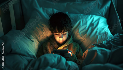 A child lying in bed illuminated by the light from a smartphone