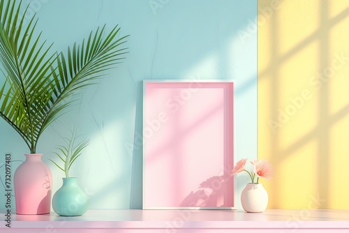 Bold minimalism interior. Minimalistic interior in a three-color solution in candy pastel colors of pink, yellow and blue with fern, palm. Free empty wall background for design in retro style