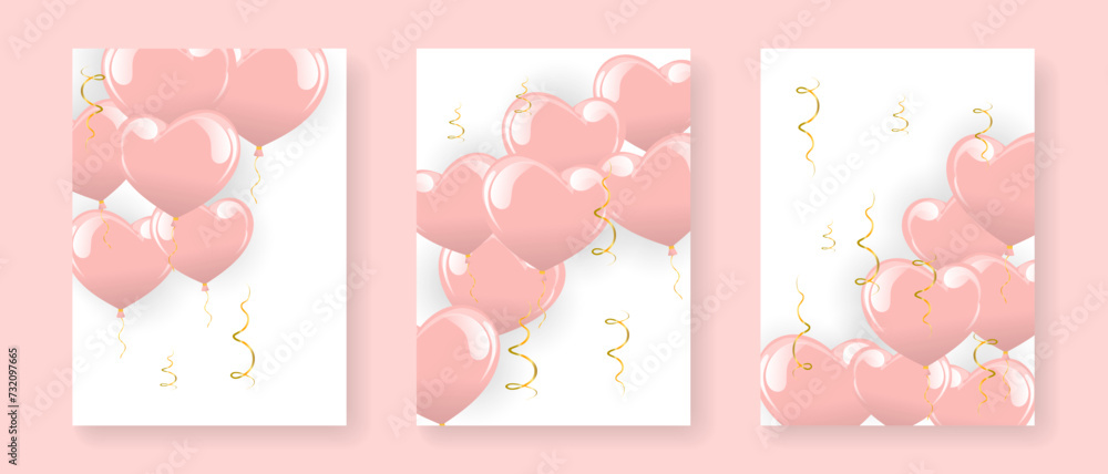 Set of luxury greeting posters with colorful heart balloons and golden serpentines. Birthday, wedding, valentine's day. Poster, banner, vector Set of luxury greeting posters with colorful heart balloons and golden serpentines. Birthday, wedding, valentine's day. Poster, banner, vector