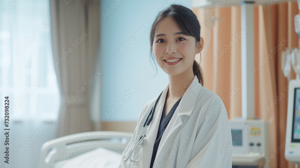 病院の病室のベッドの前にいる女性の医者 病院の病室のベッドの前にいる女性の医者