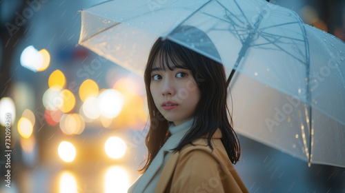 雨の中で傘を指している若い日本人の女性