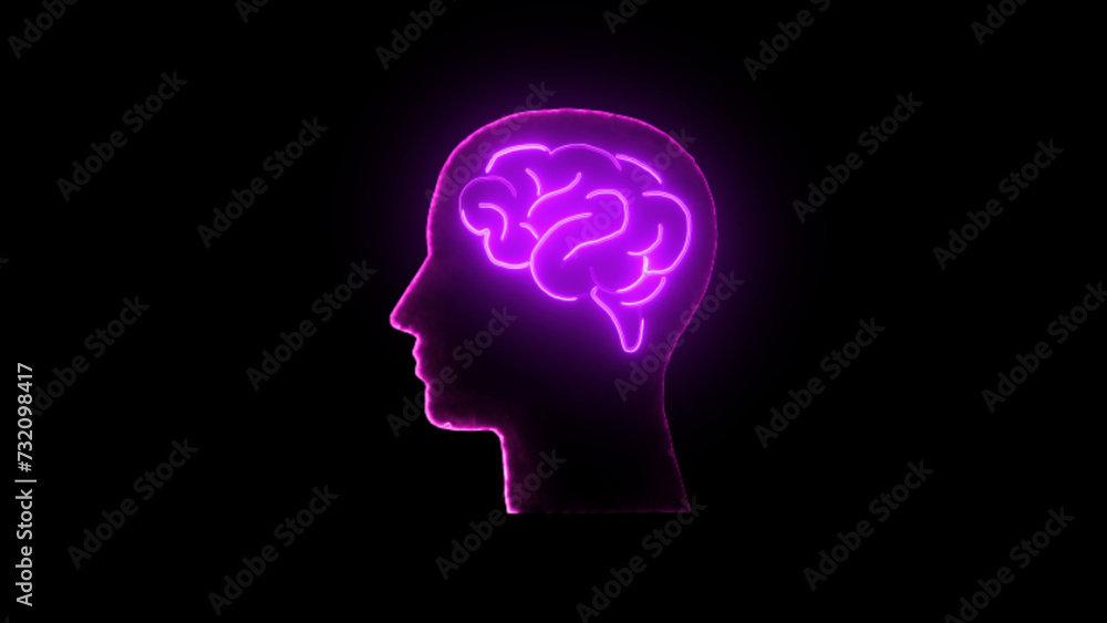 Neon brain icon animation. Futuristic glowing polygonal diagram of the human brain in the form of connected lines. Abstract circuit brain animation.