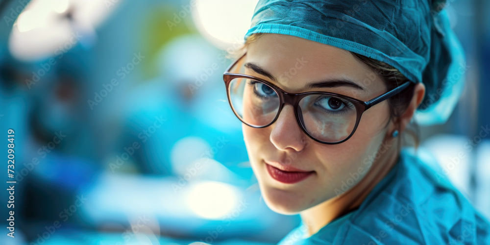 A girl in medical protective equipment wearing a surgical mask and goggles A girl in medical protective equipment wearing a surgical mask and goggles