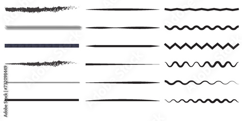 Set of wavy horizontal lines. Marker hand-drawn line border set and scribble design elements. Lines hand drawn paint brush stroke.Vector set isolated on white. Hand drawn scribble.Black ink art grunge