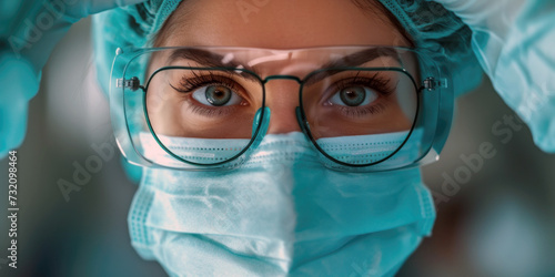 A girl in medical protective equipment wearing a surgical mask and goggles