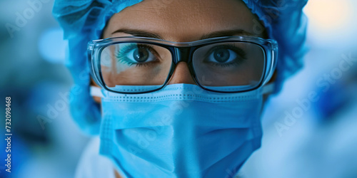 A girl in medical protective equipment wearing a surgical mask and goggles