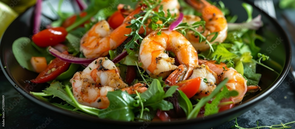 A dish made with staple food like leaf vegetables, shrimp, tomatoes, onions, and greens, served in a black bowl.