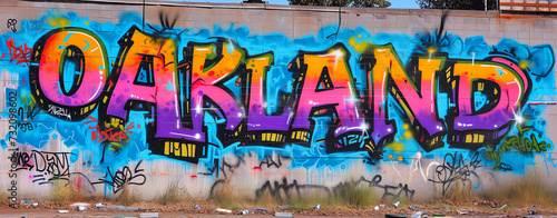 Welcome to Oakland, California, USA. Colorful graffiti text sign Oakland written on a cement highway wall. Urban trendy graffiti art with happy pink, blue, purple for tourism vacation by Vita