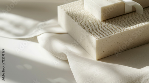 Spa still life with natural soap and towel on white background. The concept of minimalism and luxury. A combination of textures. Background for your ideas.