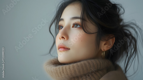 The image is a portrait of a woman posing side-profile to the camera. She is dressed in a stylish, oversized beige turtleneck sweater, which drapes elegantly over her slim frame.