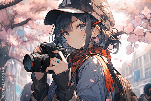portrait of a cute smiling anime girl photographer with a professional camera in spring park photo