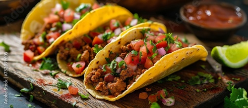 Three tacos made with different ingredients are placed on a wooden cutting board, showcasing a delicious dish from Mexican cuisine.