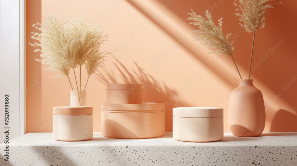 Podium for product presentation, mock up of cosmetic cream in beige color. Product design mock up, quiet luxury, peach color, natural materials, minimalism style. Podium for product presentation, mock up of cosmetic cream in beige color. Product design mock up, quiet luxury, peach color, natural materials, minimalism style.