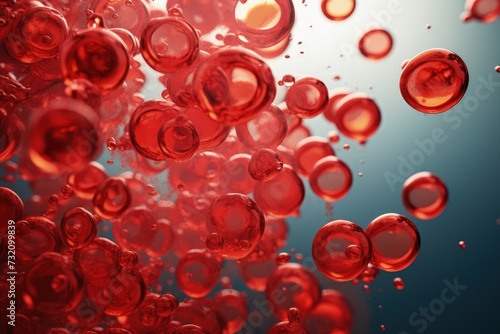 In microscopic world  countless vibrant erythrocytes  red blood cells  traverse circulatory system  tirelessly carrying life-sustaining oxygen  resembling a dynamic network vital for human vitality