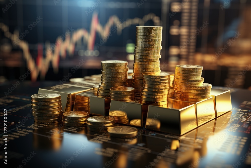 Stacked gold bars, golden coins, stock exchange ambiance, and dynamic stock charts a visual narrative of wealth, finance, and market trends. Stacked gold bars, golden coins, stock exchange ambiance, and dynamic stock charts a visual narrative of wealth, finance, and market trends.