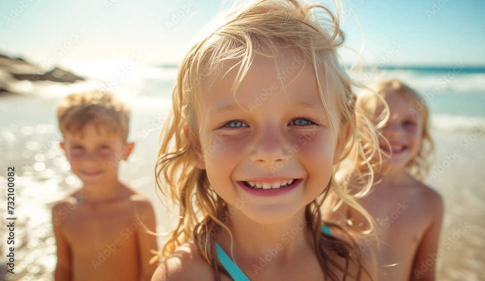 sensitive face portrait of beautiful blonde hair little girl with grey eyes clean skin smiling and staring with sister brother at camera on ocean sandy vacation day. Kids' beauty,fashion and skin care