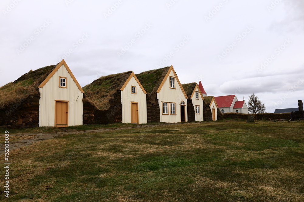 The Glaumbaer turf farm is a historical site and museum in North Iceland's Skagafjordur fjord