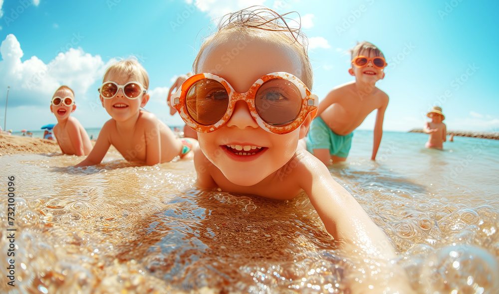 Funny blonde hair kids portraits in ridiculous sunglasses smiling and taking selfies using smartphone on ocean sandy vacation day. Kids' beauty, fashion,fanny summer beach vacation and skin care image - obrazy, fototapety, plakaty 