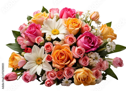 A colorful bouquet of roses  daisies  and tulips  arranged elegantly against a solid white background. generative AI