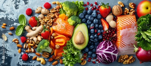 3D illustration elements portray the concept of brain food nutrition, which consists of nuts, fish, vegetables, and berries packed with omega 3 fatty acids, vitamins, and minerals for mind and memory photo