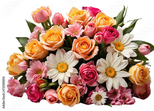 A colorful bouquet of roses  daisies  and tulips  arranged elegantly against a solid white background. generative AI