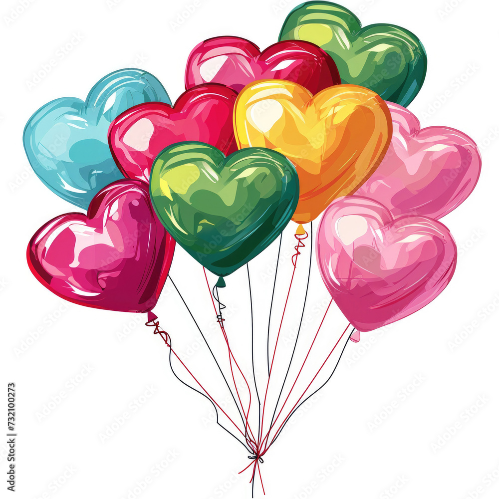 Watercolor heart shaped colorful balloons on white background