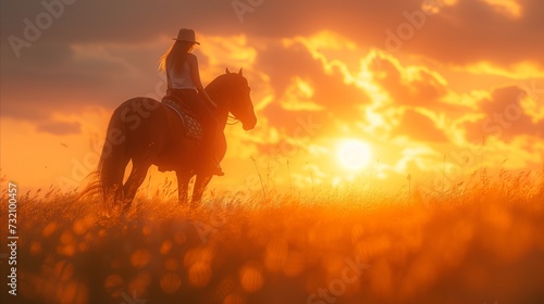 Person Riding Horse in Field at Sunset © PixelPaletteArt