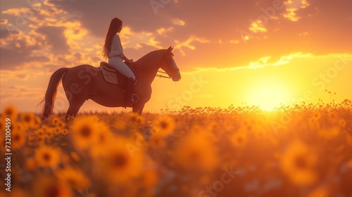 Person Riding Horse in Sunflower Field