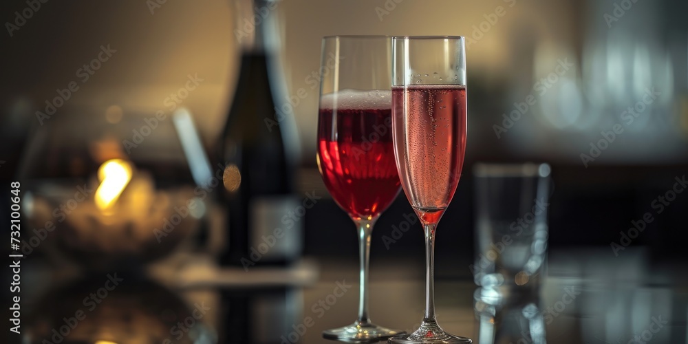 Elegant banner with copy space and Kir Royale cocktails in flute glasses with a warm bokeh background, ideal for upscale bar marketing, advertisement and promotion 