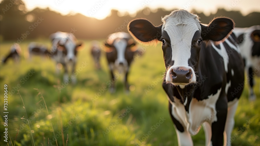 Herd of Cows Grazing on Lush Green Field Herd of Cows Grazing on Lush Green Field