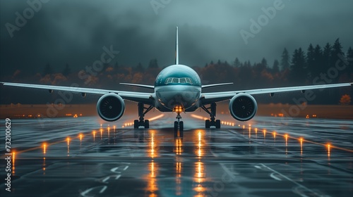 Commercial Airplane on Rainy Runway at Dusk