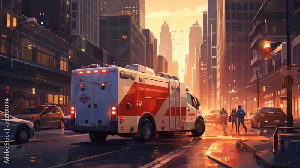 Ambulance Driving Down City Street Next to Tall Buildings - obrazy, fototapety, plakaty 